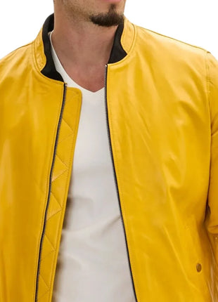Mens Real Lambskin Yellow Leather Bomber Jacket