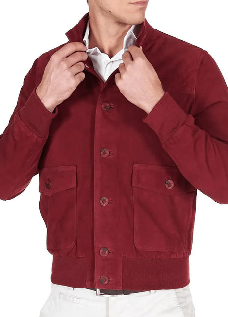 Men's High Neck Red Suede Leather Bomber Jacket
