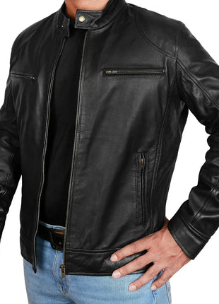 Men's Lambskin Leather Black Cafe Racer Jacket