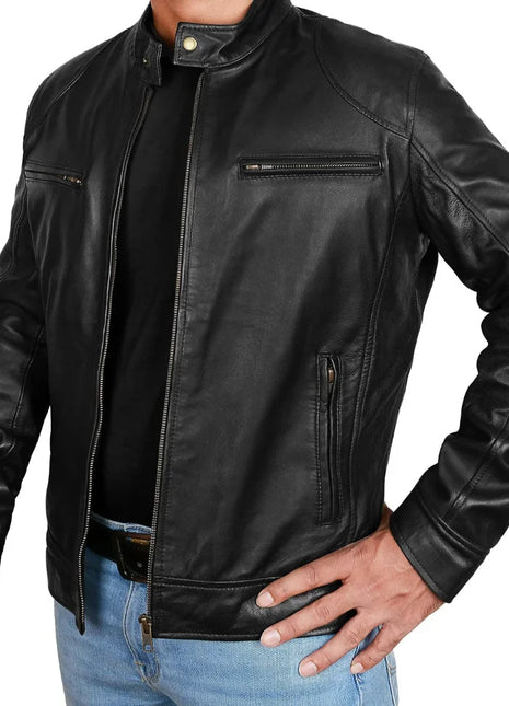 Men's Lambskin Leather Black Cafe Racer Jacket