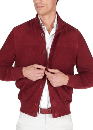 Men's High Neck Red Suede Leather Bomber Jacket