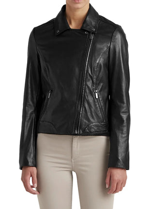 Ladies Black Leather Moto Jacket
