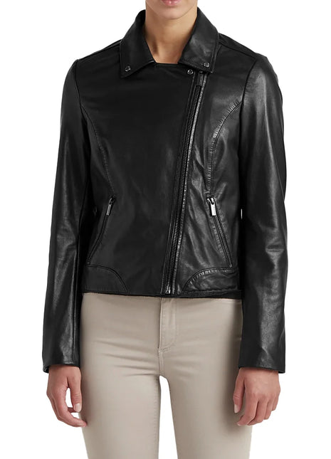 Ladies Black Leather Moto Jacket