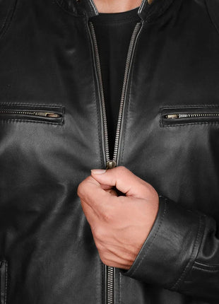 Men's Lambskin Leather Black Cafe Racer Jacket