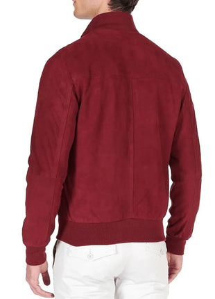 Men's High Neck Red Suede Leather Bomber Jacket