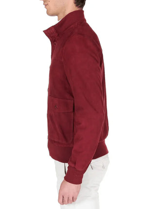 Men's High Neck Red Suede Leather Bomber Jacket