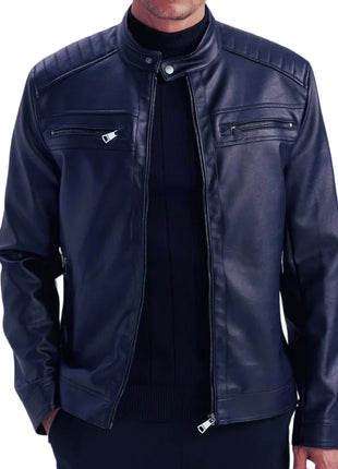 Mens Genuine Lambskin Blue Café Racer Leather Jacket