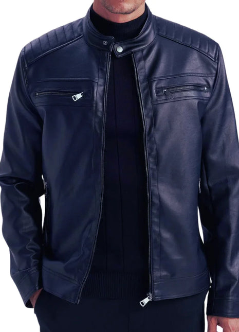 Mens Genuine Lambskin Blue Café Racer Leather Jacket