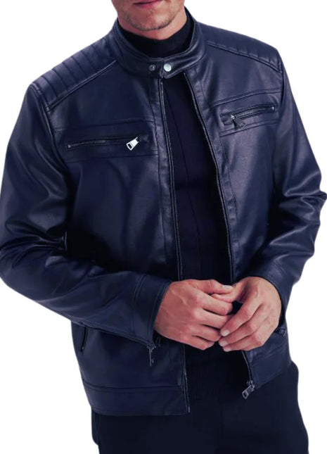 Mens Genuine Lambskin Blue Café Racer Leather Jacket