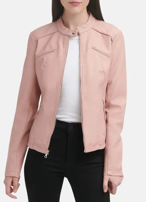 Light Pink Cafe Racer Leather Jacket Womens