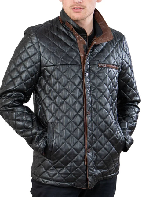 Mens Black Quilted Leather Car Coat
