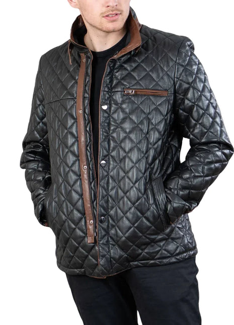 Mens Black Quilted Leather Car Coat