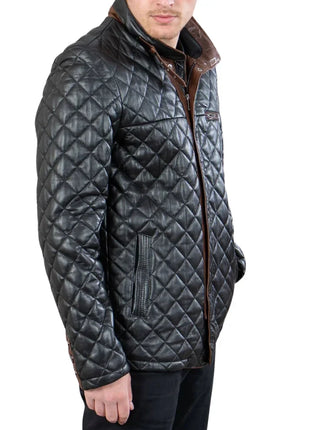 Mens Black Quilted Leather Car Coat