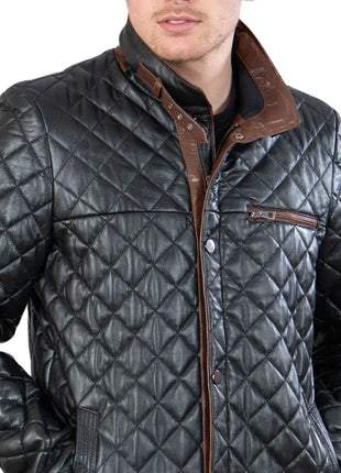 Mens Black Quilted Leather Car Coat