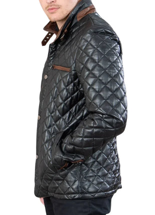 Mens Black Quilted Leather Car Coat