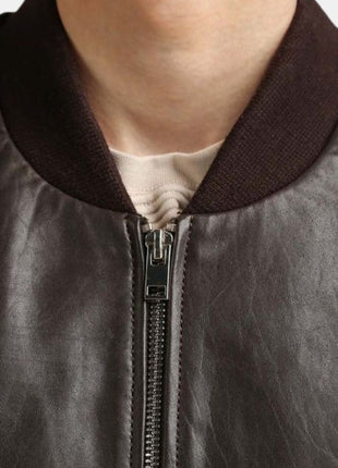 Men's Coffee Brown Leather Bomber Jacket with Rib-Knit Trim