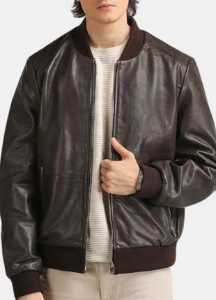 Men's Coffee Brown Leather Bomber Jacket with Rib-Knit Trim