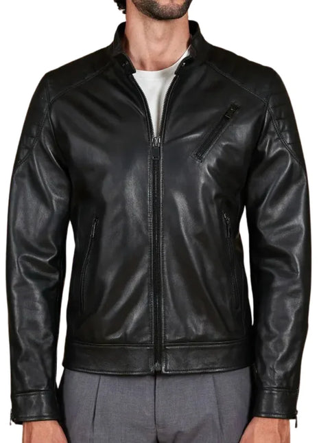 Men's Quilted Black Cafe Racer Leather Jacket