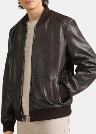 Men's Coffee Brown Leather Bomber Jacket with Rib-Knit Trim