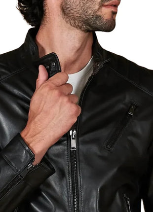 Men's Quilted Black Cafe Racer Leather Jacket