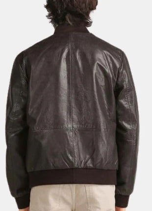 Men's Coffee Brown Leather Bomber Jacket with Rib-Knit Trim