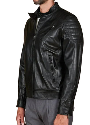 Men's Quilted Black Cafe Racer Leather Jacket