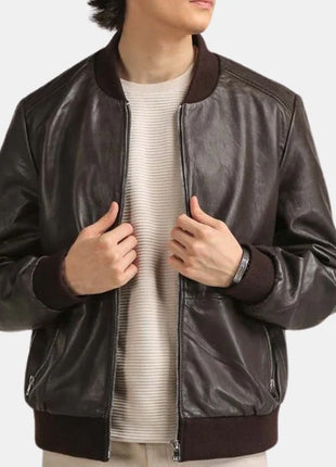 Men's Coffee Brown Leather Bomber Jacket with Rib-Knit Trim