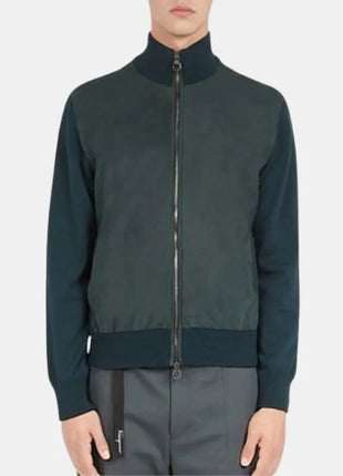 Men's Coffee Brown Leather Bomber Jacket with Rib-Knit Trim