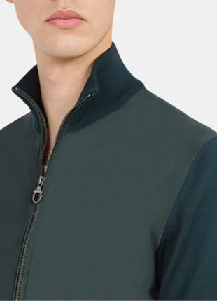 Men's Coffee Brown Leather Bomber Jacket with Rib-Knit Trim