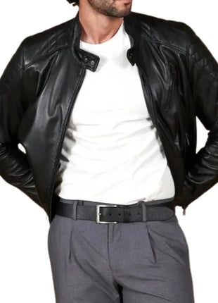 Men's Quilted Black Cafe Racer Leather Jacket
