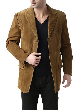 Slim Fit Notch Lapel Camel Brown Suede Leather Blazer Mens