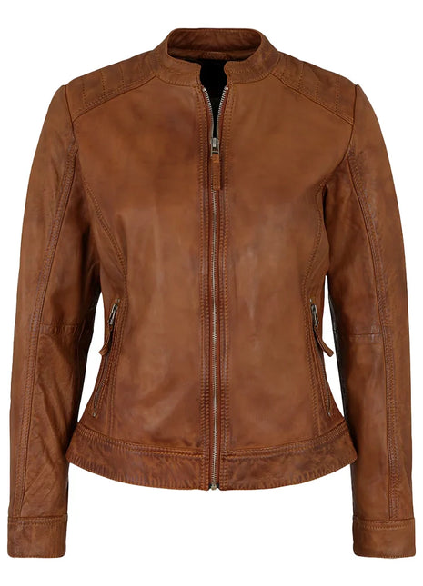 Genuine Biker Brown Cognac Leather Jacket Womens
