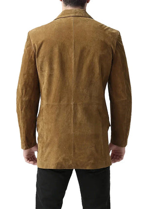 Slim Fit Notch Lapel Camel Brown Suede Leather Blazer Mens