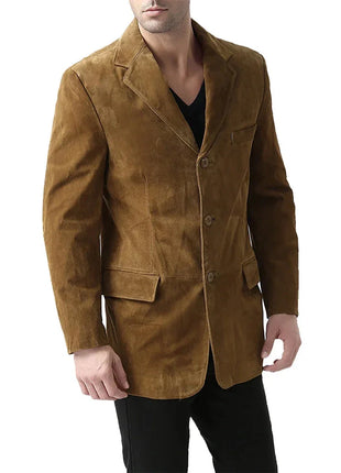 Slim Fit Notch Lapel Camel Brown Suede Leather Blazer Mens
