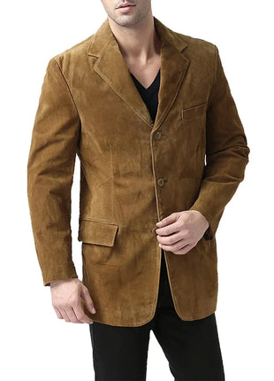 Slim Fit Notch Lapel Camel Brown Suede Leather Blazer Mens