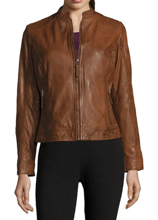 Genuine Biker Brown Cognac Leather Jacket Womens