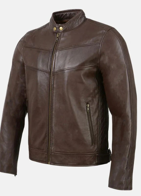 Leather Men’s Café Racer Leather Jacket with Snap Button Collar