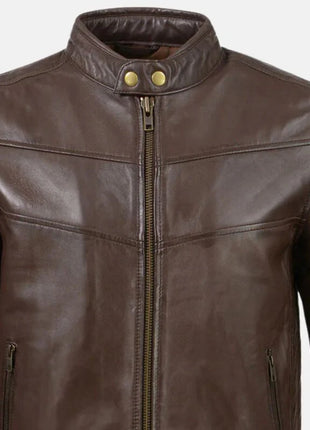 Leather Men’s Café Racer Leather Jacket with Snap Button Collar