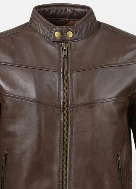 Leather Men’s Café Racer Leather Jacket with Snap Button Collar