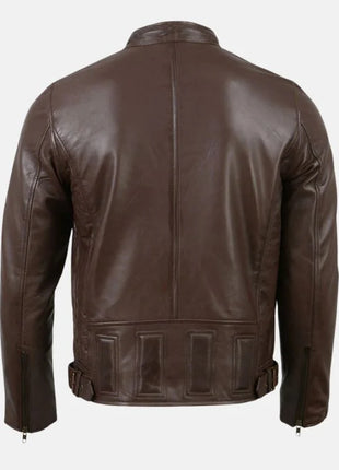Leather Men’s Café Racer Leather Jacket with Snap Button Collar
