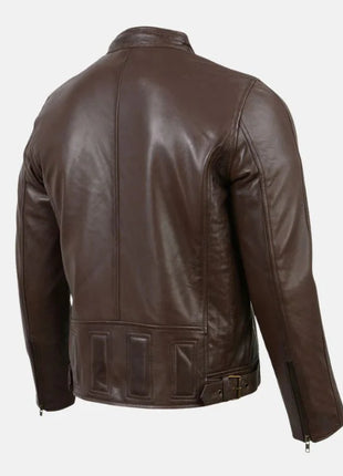Leather Men’s Café Racer Leather Jacket with Snap Button Collar