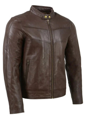 Leather Men’s Café Racer Leather Jacket with Snap Button Collar