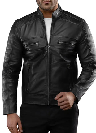Men's Real Lambskin Black Cafe Racer Leather Jacket