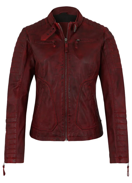 Womens Biker Dark Red Leather Jacket