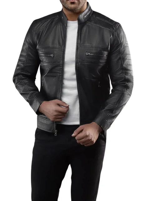 Men's Real Lambskin Black Cafe Racer Leather Jacket
