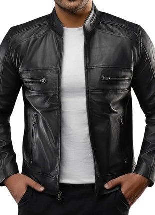 Men's Real Lambskin Black Cafe Racer Leather Jacket
