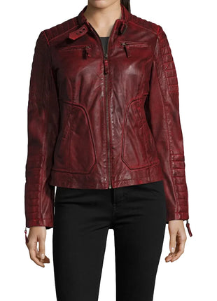 Womens Biker Dark Red Leather Jacket