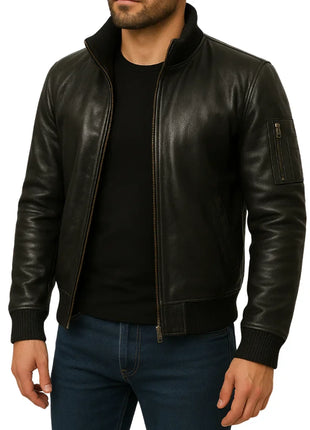 Men's Black Cowhide Leather Bomber Jacket
