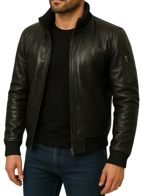 Men's Black Cowhide Leather Bomber Jacket
