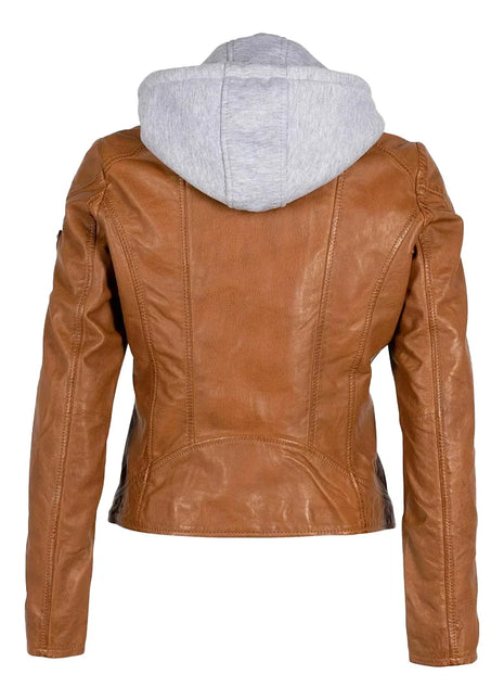 Womens Cognac Brown Leather Motorcycle Jacket with Removable Hood